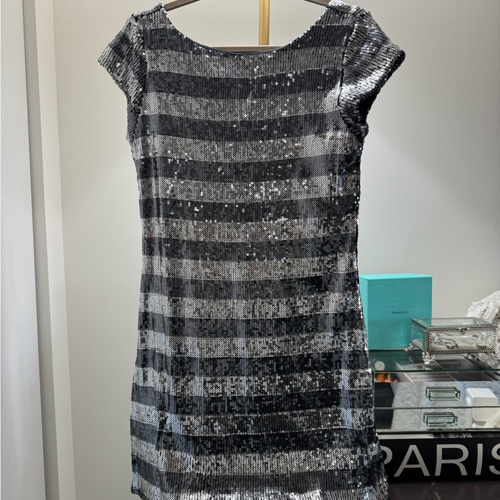 White House Black Market Silver & Black Sequin Striped Mini Dress